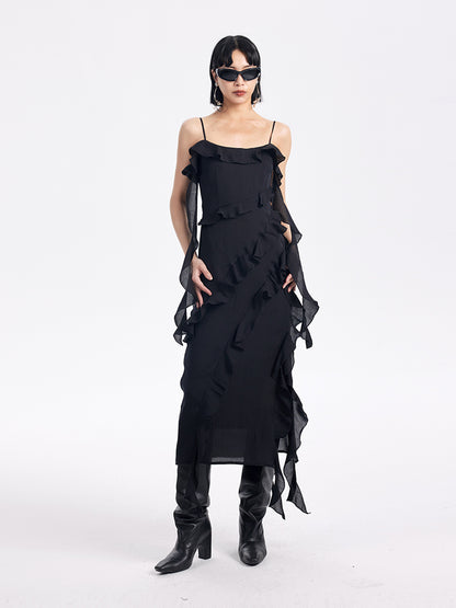 TINY IN ruffled side slit midi slip dress -KAKA