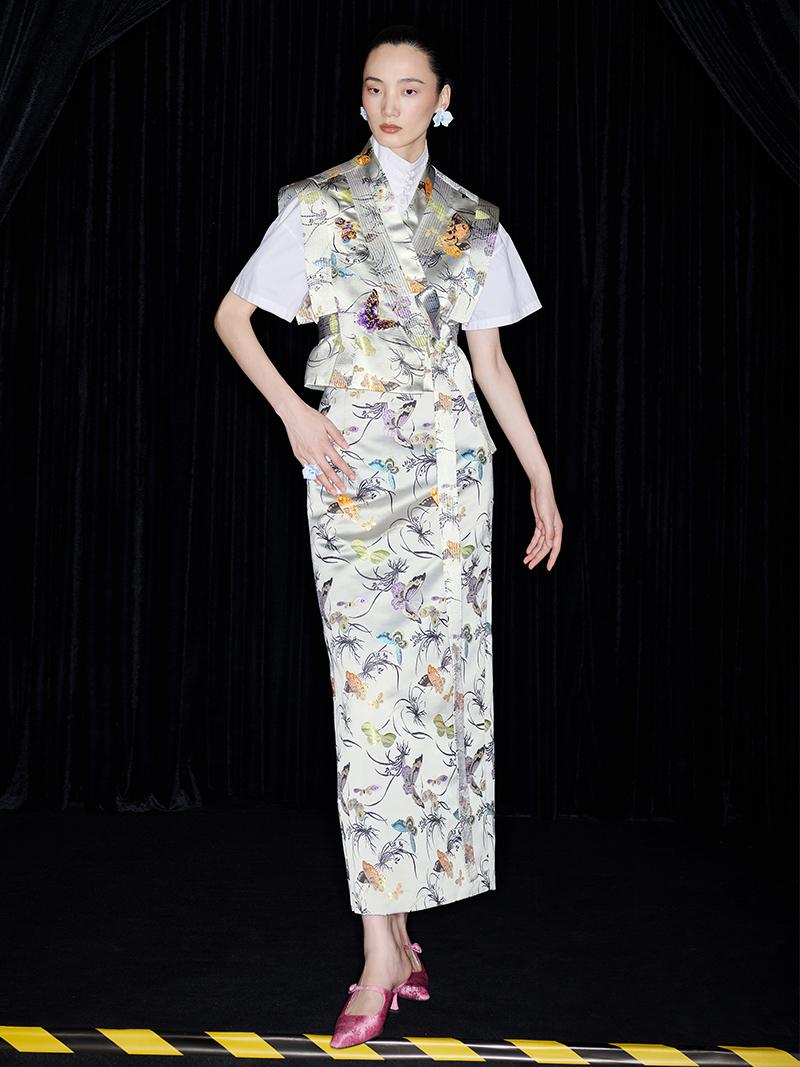 M essential Mackay designer butterfly beaded quilted cottonskirt vest shirt set - toes.