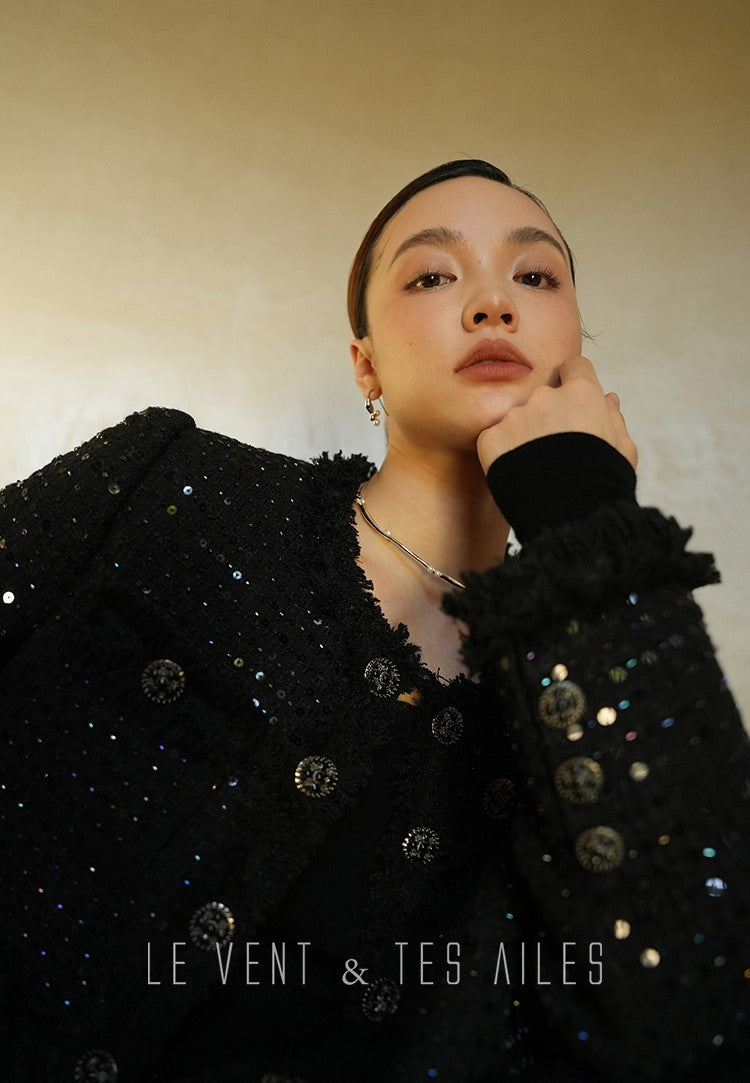 LE VENT&TES AILES High-end Luxury Heavy Work sequin Tweed Jacket Skirt Suit-FINN