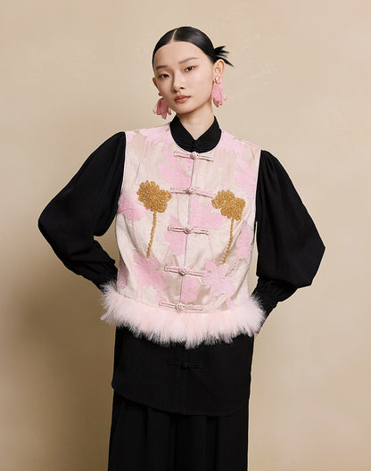 HECO 100% polyester Buckle Bead Embroidered pink apricot Round Neck Vest - spark.