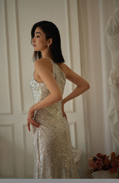 GOUDIN silver sequin party evening dresses-INES.