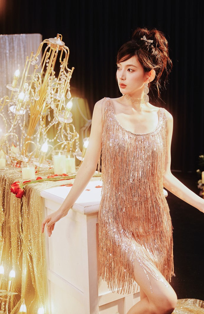 DOLLY Luxury U-Neck Star Light Tassel Sleeveless Backless Short Party Dress-PHEOBE