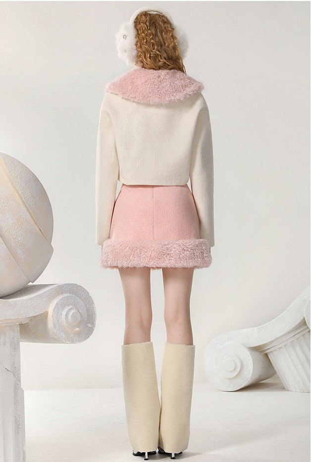CHECOCRE Chic Romantic Sweet White and Pink Fur Collar Suit - INTENSE
