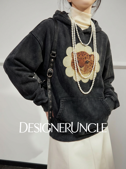 DGU×LAB|Black leopard print loose fleece hooded pattern sweatshirt - JOHA
