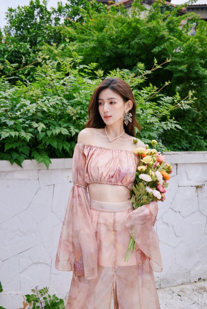 DOLLY Luxury Retro French Style Long Sleeve Top+ Retro Print Midi Slit Skirt-BIANCA