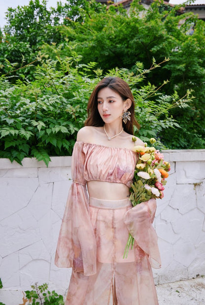 DOLLY Luxury Retro French Style Long Sleeve Top+ Retro Print Midi Slit Skirt-BIANCA