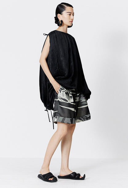 ZHUCHONGYUN Black Fiber Satin Adjustable Lace-up Loose Top--UNAKA.