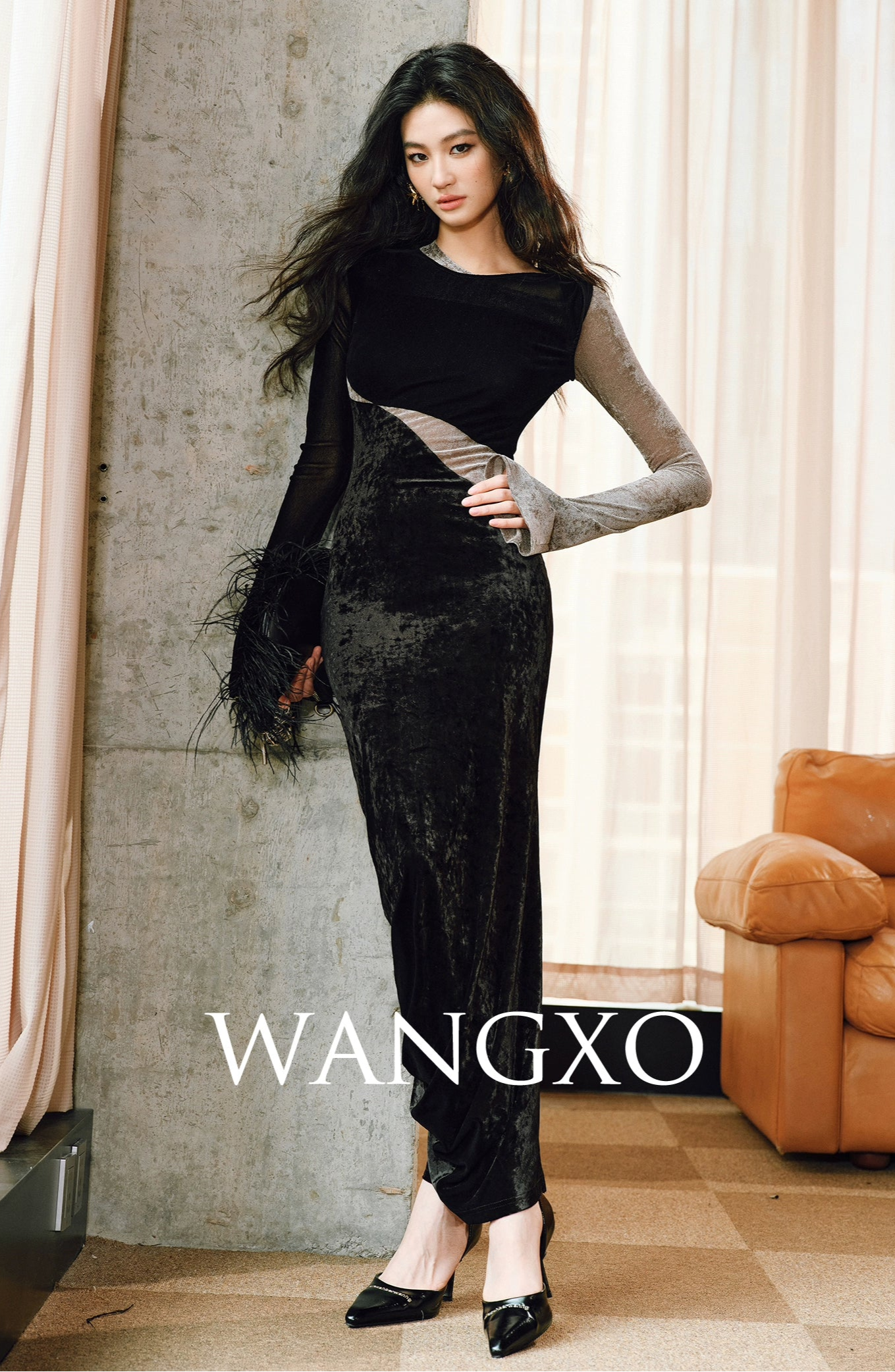 WANGXO | Soft Velvet 3-Yarn Stitching Pleated Slim-Fit Knitted Dress- LENA.