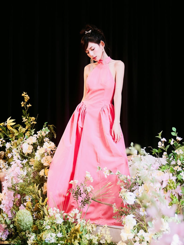 DOLLY Elegant Pink Halter Neck Sleeveless Long Loose A-Line Evening Dress-AMELIA