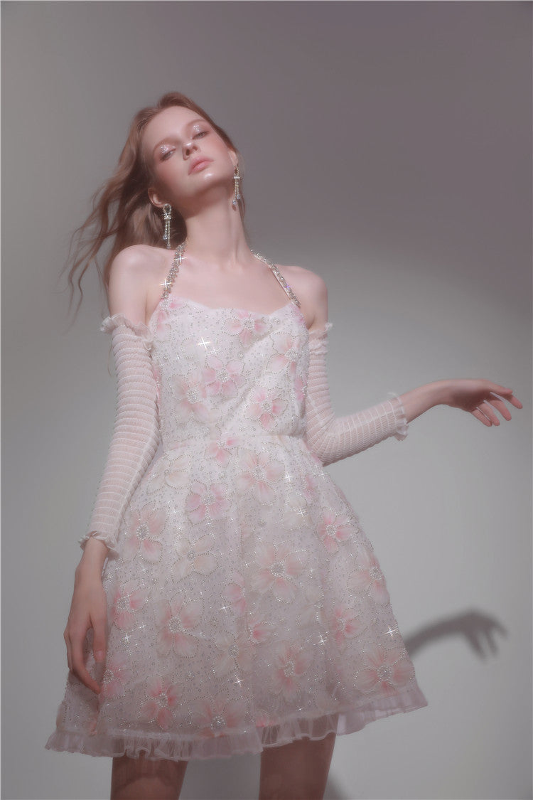 Wardrobes by Chen Elegant Pink Halter Long Sleeve Flower Dinner bridal Dress-Gika