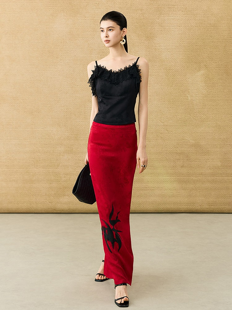 HECO Chinese high-end acetate bamboo feminine temperament printed slit skirt - COLT.