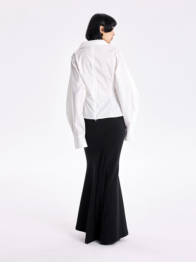 TINY IN stand-up collar casual pinch-pleated curved sleeve cinched waist shirt-KIA