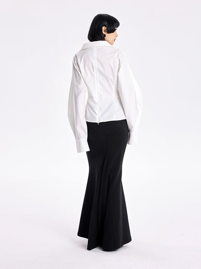 TINY IN stand-up collar casual pinch-pleated curved sleeve cinched waist shirt-KIA