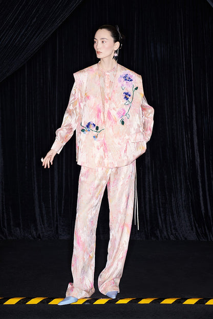 M essential Mackay designer iridescence crepe workshop raffia multi-floral gilet - STEPH.