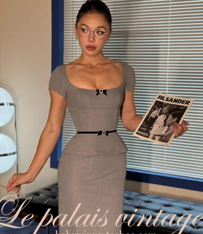 Le palais vintage Girlfriend Grey Suit Dress + Fishbone Waist Closure Sexy Suit-GREG.