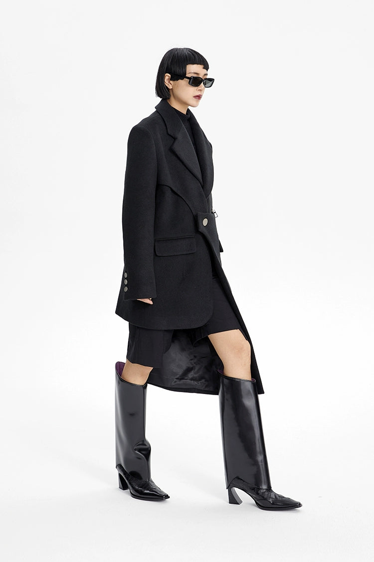 TINY IN Irregular Women's Black Woolen Coat Jacket - NARU