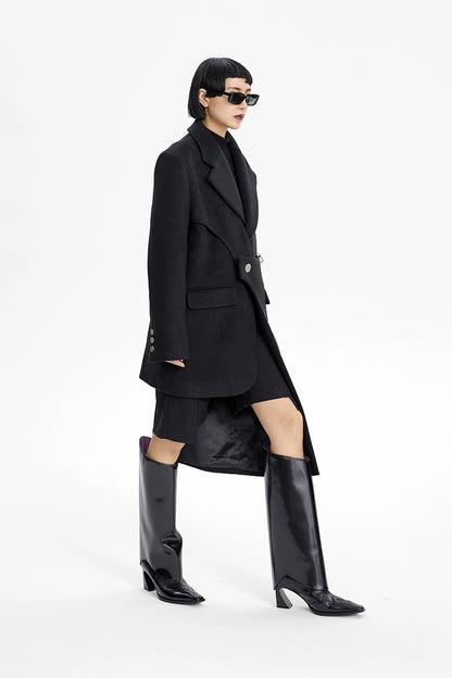 TINY IN Irregular Women's Black Woolen Coat Jacket - NARU