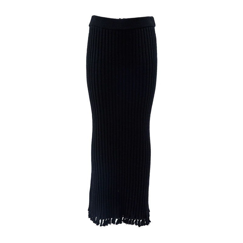ZHUCHONGYUN sheep wool knitted tassel black textured skirt-NUNA.