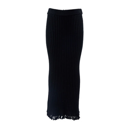 ZHUCHONGYUN sheep wool knitted tassel black textured skirt-NUNA.
