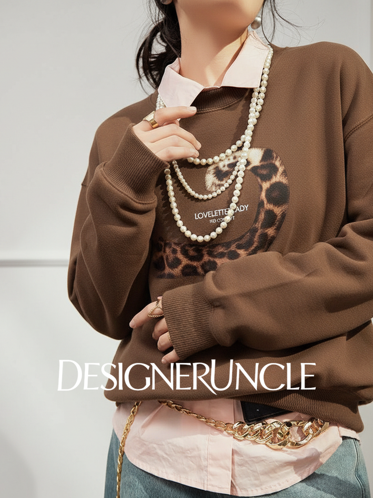 DGU×LAB "Skyland" brown fleece crew neck loose lazy style printed sweatshirt - MAI