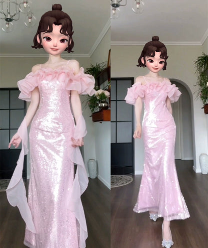 DOLLY Elegant White Off Shoulder Sequin Ruffled Tube Top Banquet Dress-ALICIA