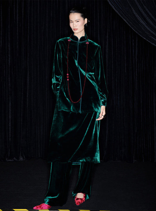 M essential Mackay designer dark green pot-collar shirt top Pant Skirt suit- adam.