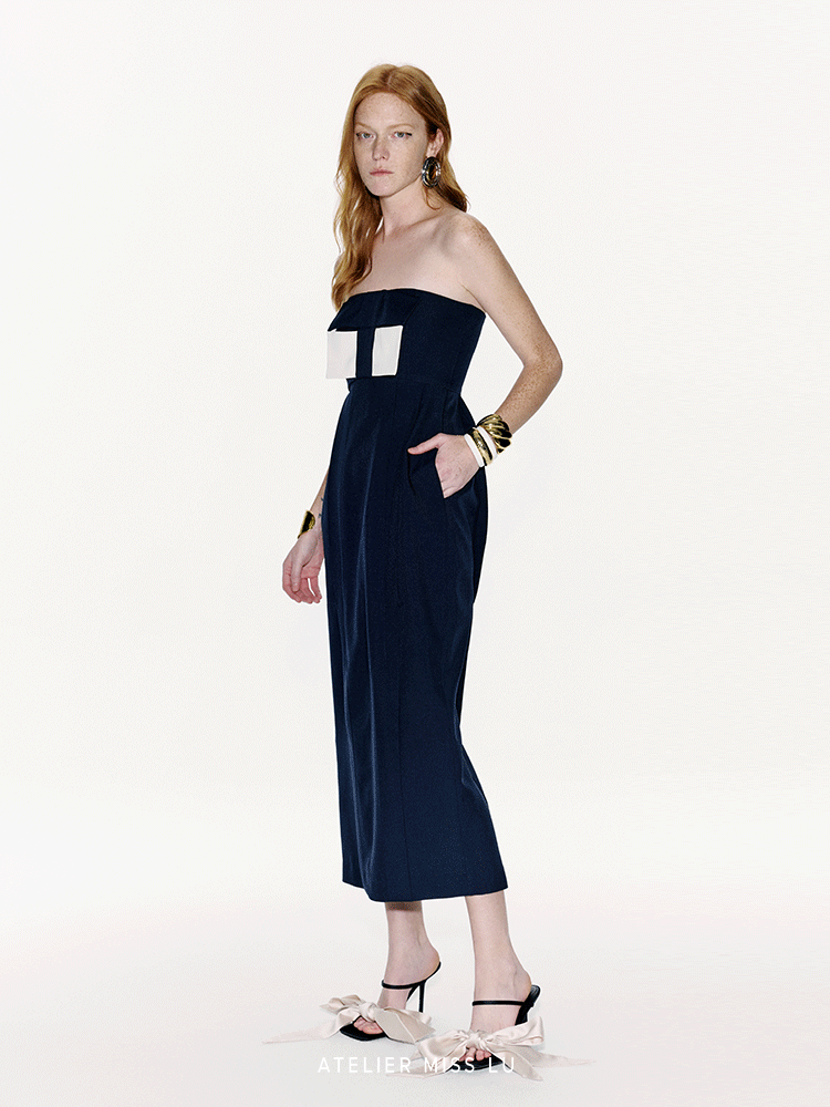 ATELIER MISS LU Spring And Summer Geometric Ribbon Waist Bandeau Dress - BEAUTY.