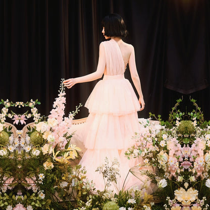 DOLLY Elegant Peach Mesh Off Shoulder Sleeveless High Waist Tutu Dress-MEDUSA  (V)