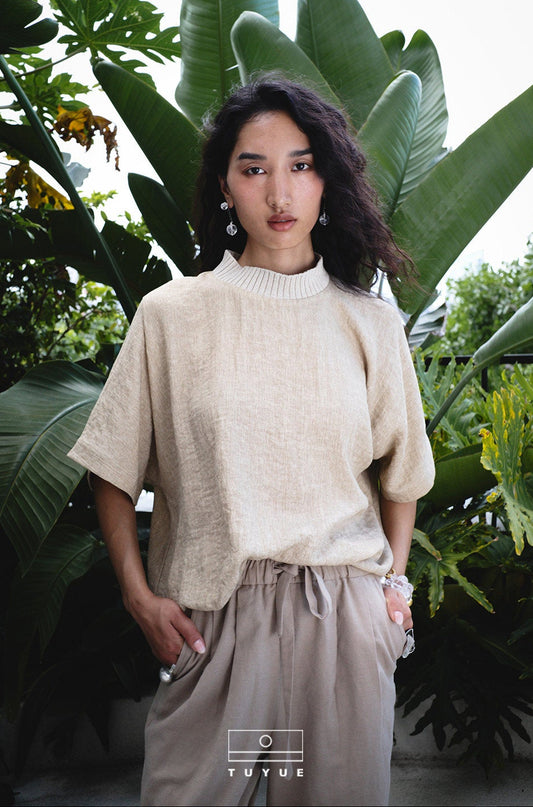 TUYUE One-piece Cut Knit Collar Loose Short Sleeve T-Shirt - BEVERLY.