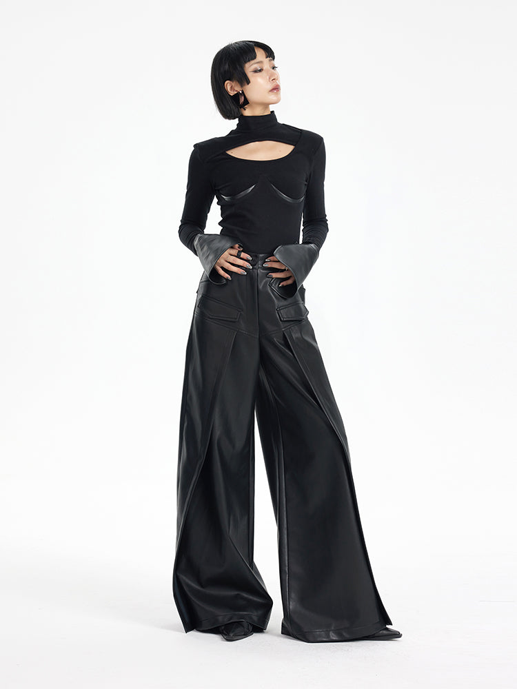 TINY IN black knit PU leather cuff top - SONO.