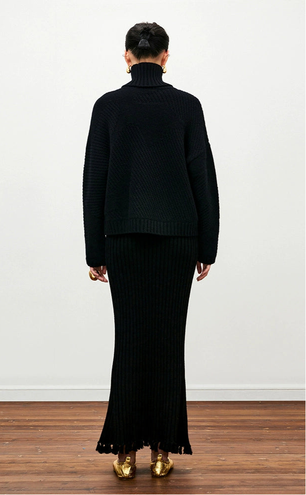 ZHUCHONGYUN sheep wool knitted tassel black textured skirt-NUNA.