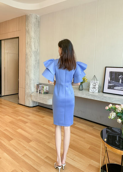 DOLLY Elegant V-Neck Short Ruffle Sleeves Slim Fit Midi Slit Office Dress- ilLA