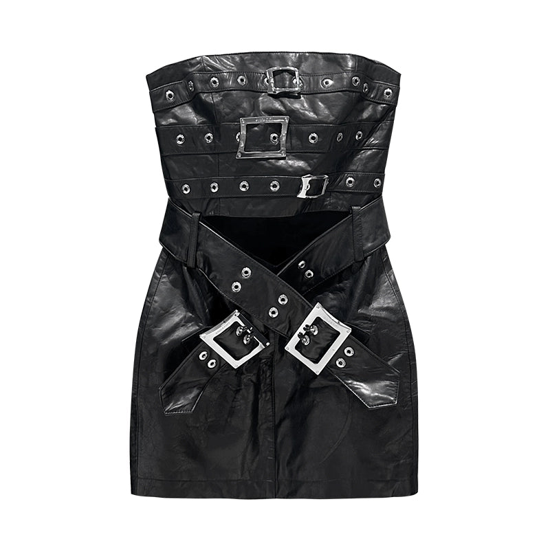 ANNAKIKI Niche designer black leather strappy bandeau dress-YUQI