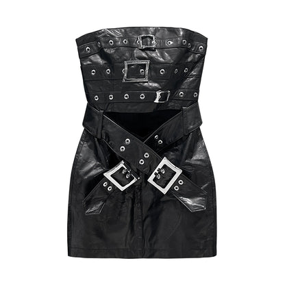 ANNAKIKI Niche designer black leather strappy bandeau dress-YUQI