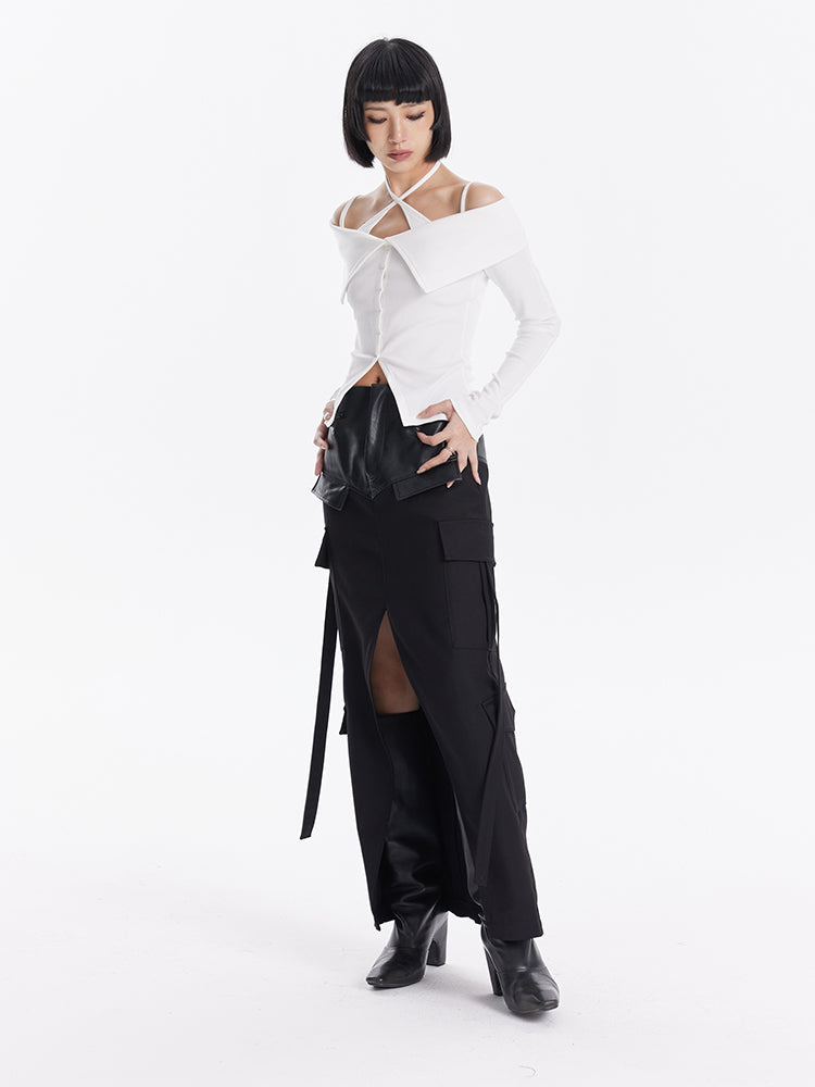 TINY IN crossover off-the-shoulder large lapel knitted long sleeve cut-out top-YOMI