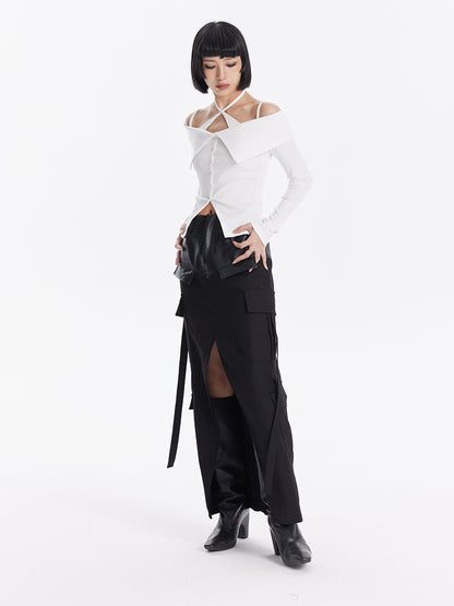 TINY IN crossover off-the-shoulder large lapel knitted long sleeve cut-out top-YOMI