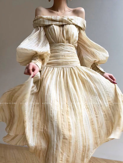 Aconiconi Elegant Wave Pattern Long Sleeve Loose Wedding Guest Dress- Dune