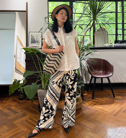 COMME MOI Lv Yan designer summer  black and white printed tassel straight-leg pants - KAIN.