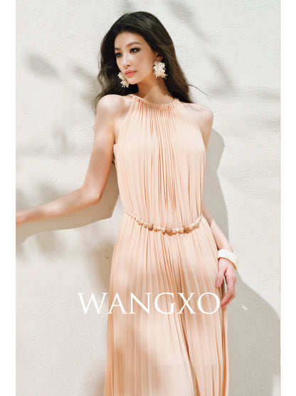 WANGXO | Natural Stone Beaded Halterneck Flowing A-Line Umbrella Skirt -ZENA