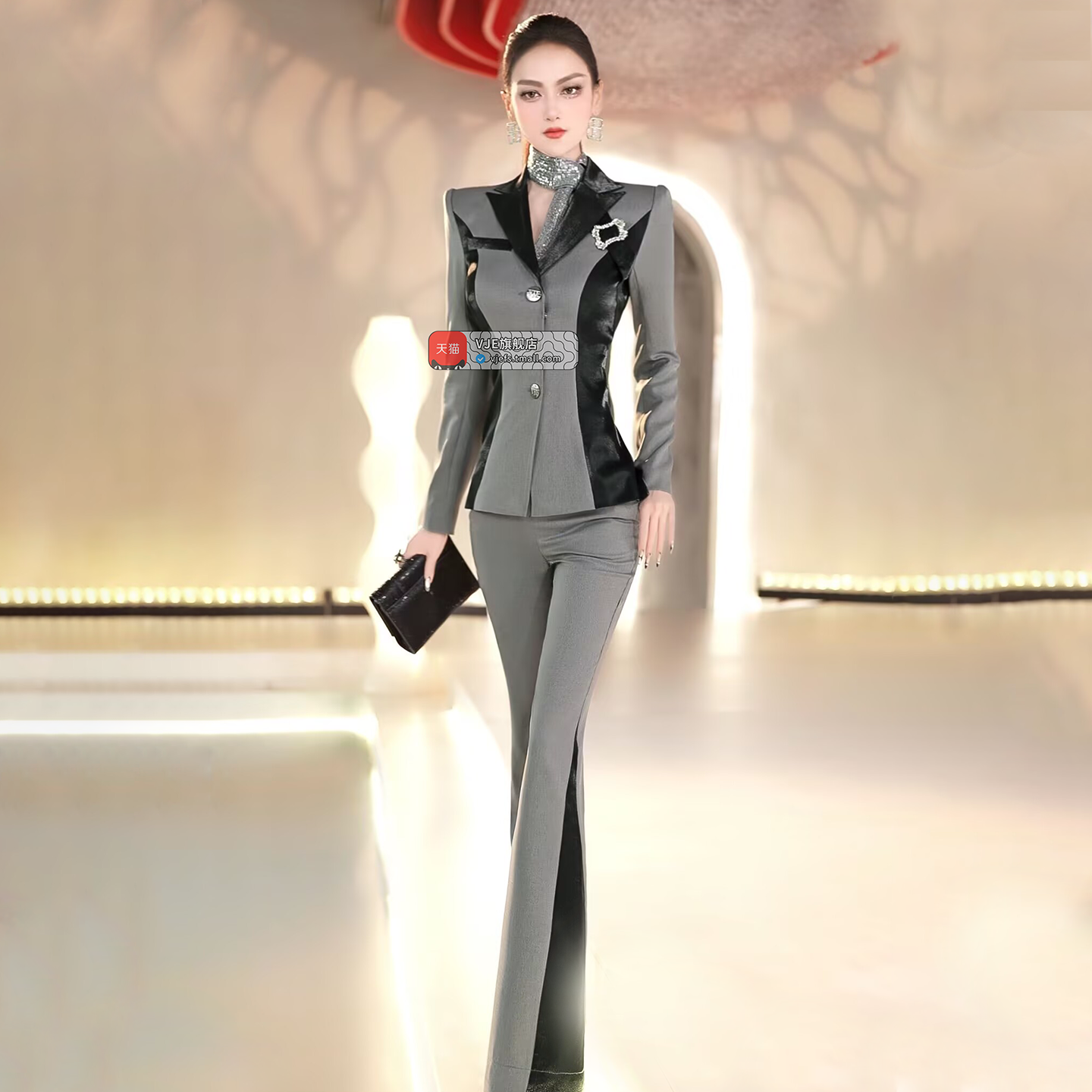 VJE  Color-Blocking Suit Micro Flared Pants Two-Piece Set - YUN.