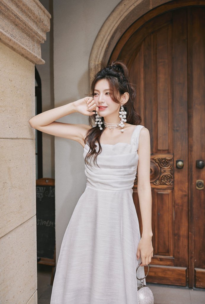 DOLLY Luxury White Retro Style Sleeveless Pleated Midi Suspender Dinner Dress-EUDORA