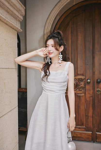 DOLLY Luxury White Retro Style Sleeveless Pleated Midi Suspender Dinner Dress-EUDORA