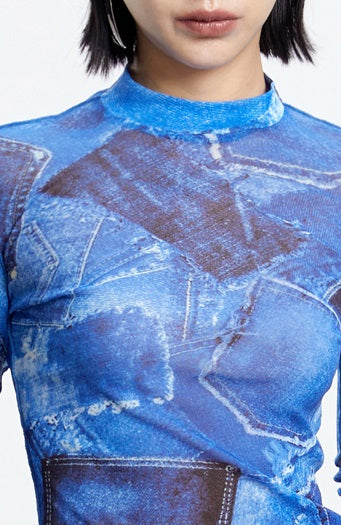 TINY IN denim print sun protection mesh long short sleeve t-shirt -IHU