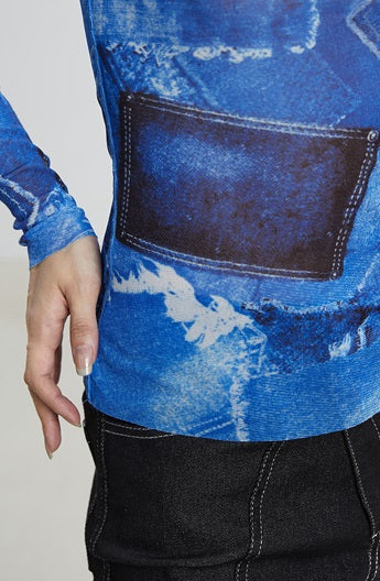 TINY IN denim print sun protection mesh long short sleeve t-shirt -IHU