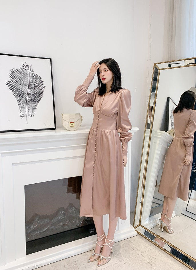 DOLLY Elegant V-Neck Long Lantern Sleeve Long Button Church Dress-NANA