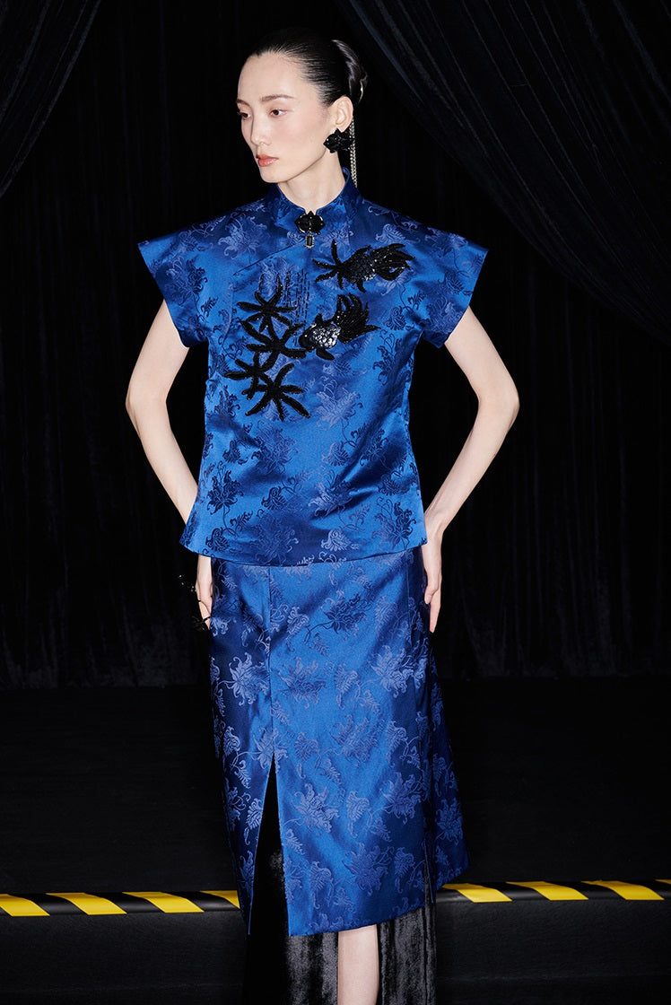 M essential Ma Kai designer Haiqing jacquard gag fish algae pattern nail bead top - CHEN.