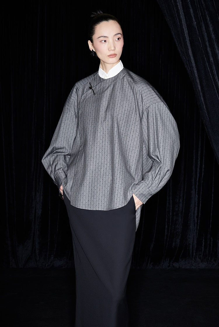 M essential Mackay designer sand diamond grey stripe diamond buckle silhouette shirt - ESHE .