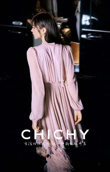 CHICHY French Gentle Long Sleeve V-Neck Pink Dress-KANA
