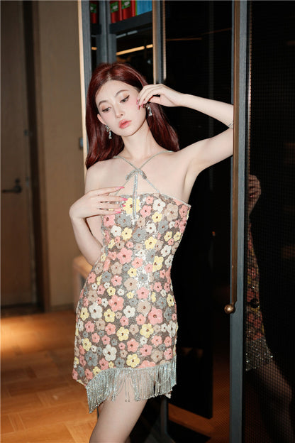 Wardrobes by Chen HighEnd Halter Diamond Tassel  sequin cocktail dress-Jam