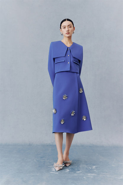PURITY Sapphire blue preppy short coat floral beaded skirt suit set- Jen